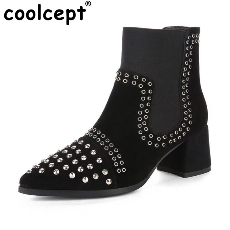 

Coolcept Fashion Winter Shoes Women Real Leather Thick High Heel Ankle Winter Bootswomen Rivets Pointed Toe Botas Size 34-39