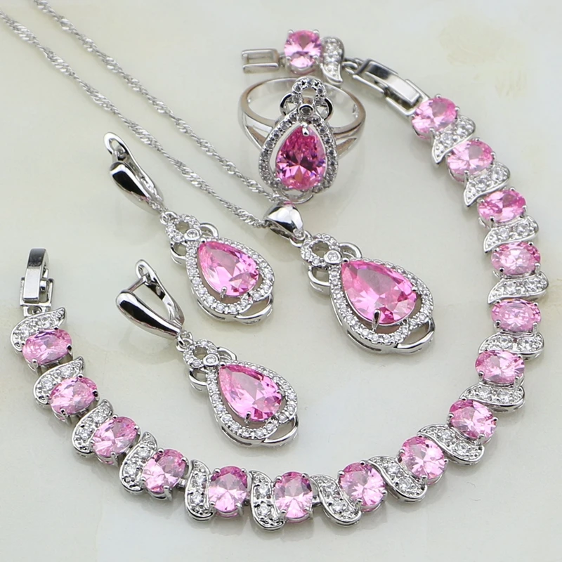 Pink Cubic Zirconia White Zircon 925 Sterling Silver Jewelry Sets For Women Wedding Gift Ring