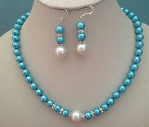 

free shipping >>8MM Blue South Sea Shell Pearl necklace earrings set AAA Grade k1
