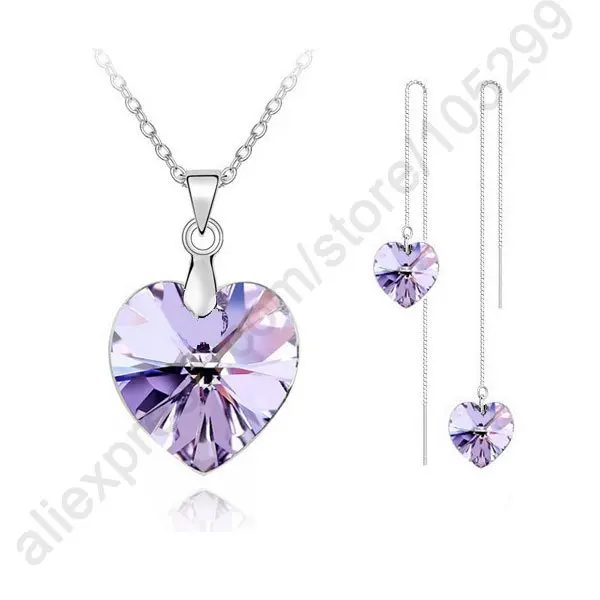 

Romantic Crystal Ocean Heart 925 Sterling Silver Real Silver Pendant Necklace Earring Jewelry Gift Set With Box Chain Thread