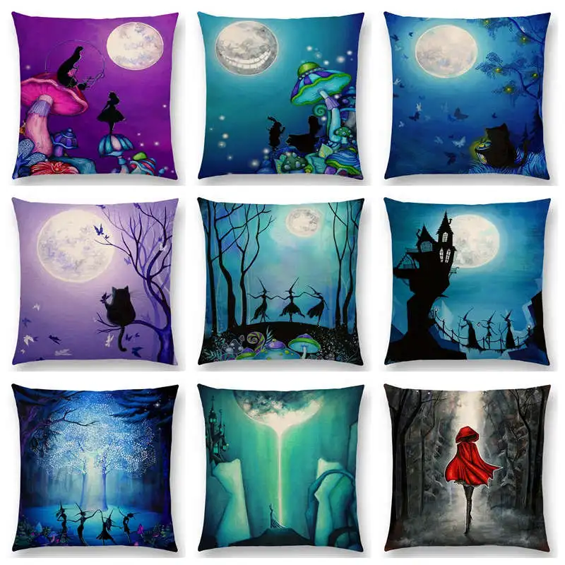 

Alice Dreams Cute Cat Magical Moon Night Wonderland Emerald Forest Witches Halloween Dance Cushion Cover Sofa Throw Pillow Case