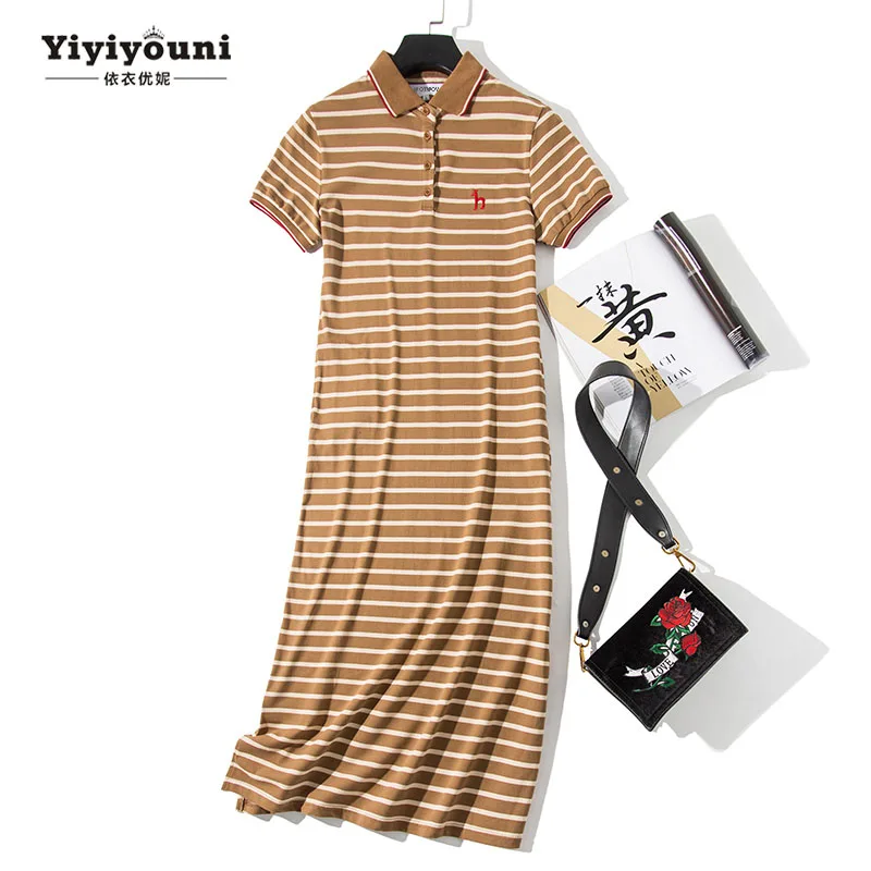 Long T Shirt Dress Women Striped Polo Collar Pocket Embroidery Dress 2019 Summer Casual Mid-Calf Split Loose Dresses Plus Size Long T Shirt Dress Women Striped Polo Collar Pocket Embroidery Dress 2019 Summer Casual Mid-Calf Split Loose Dresses Plus Size