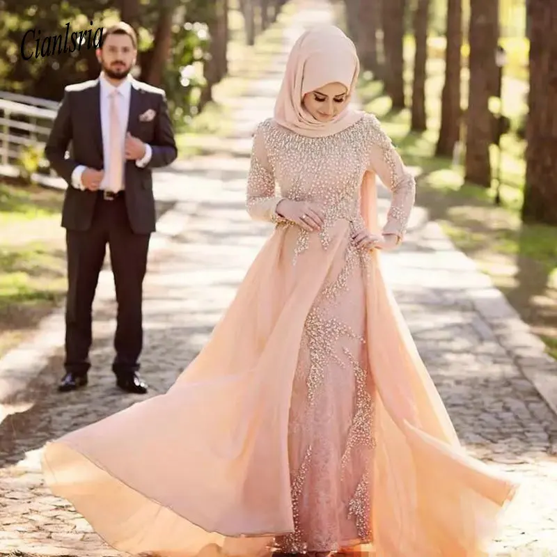 

High Neck Blush Pink Muslim Evening Formal Dresses With Long Sleeve 2019 Modest Beadwork Lace Pearls Chiffon Skirt Dubai Arabi