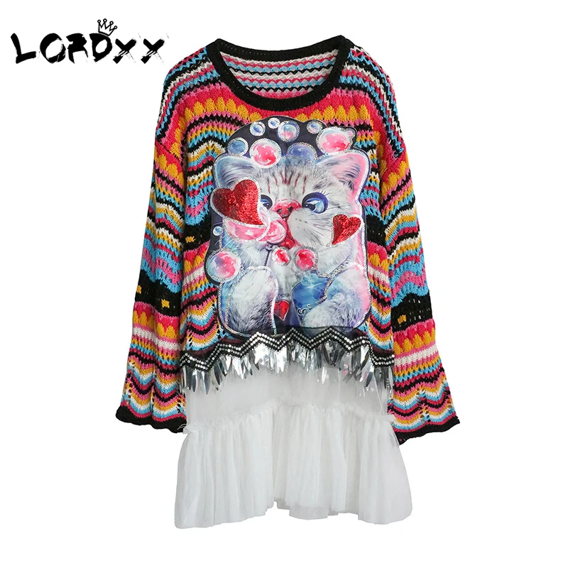 LORDXX свитер с мультяшным котом, Женский пуловер с дырочками, сетчатые свитера, вязанная Осенняя Вязанная одежда с блестками, Осенняя мода