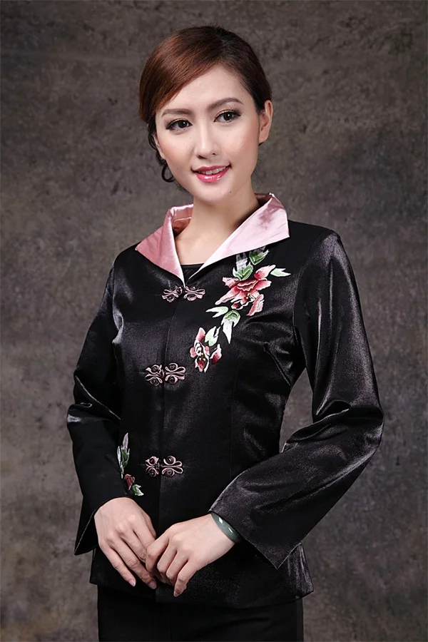 

Hot Sale Black Chinese Women's Satin Jacket Classic Style V-Neck Tang Suit Peony Embroidery Single Breasted Coat Size S TO 3XL