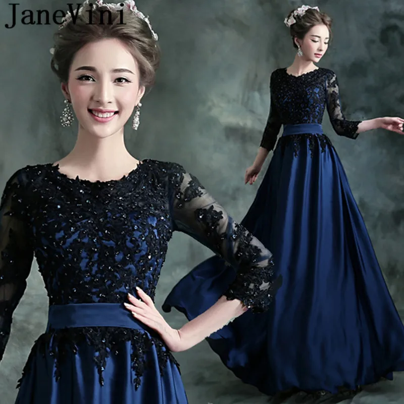 

JaneVini Cheap Deep Blue Evening Dresses With Black Lace 3/4 Sleeves Beaded Sequins Women Prom Gowns Formal Long Party Dress