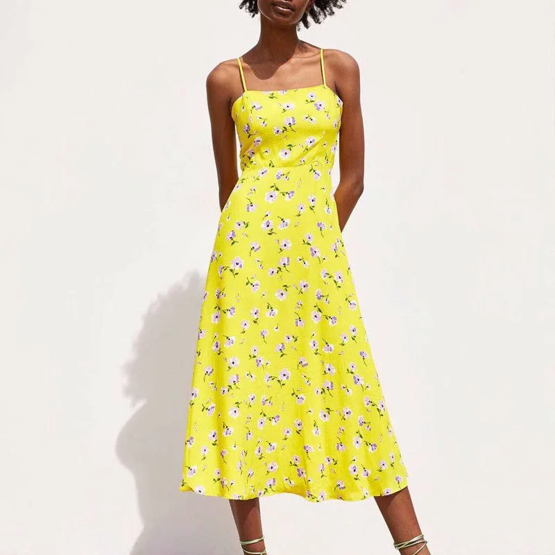 

2019 Summer New Women's Spaghetti Strap Dress Yellow Printed Dress AZ9405