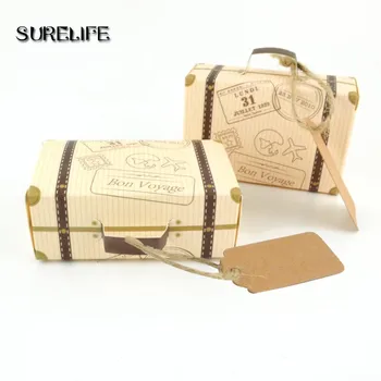 

50pcs Bon Voyage Kraft Paper Candy Box Travel Theme Retro Suitcase DIY Wedding Favor Candy Holder Bags Gifts Boxs Party Supplies
