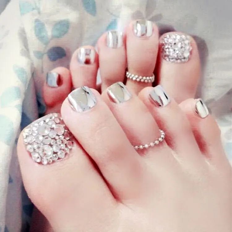 

New 24 pcs Metal Silver Charming High Quality Full Cover French 3D ToeNails For Foot Nail Manicure Kawaii Foot False Nail [T147]