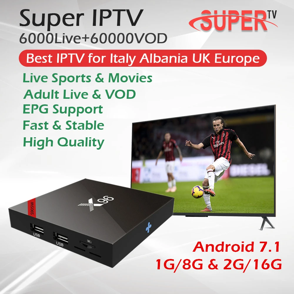 

X96W Android 7.1 TV Box 1G/8G 2G/16G+Italy UK Germany Europe Adult IPTV 6000 Live 60,000 VOD Amlogic S905W WiFi 4K Set Top Box