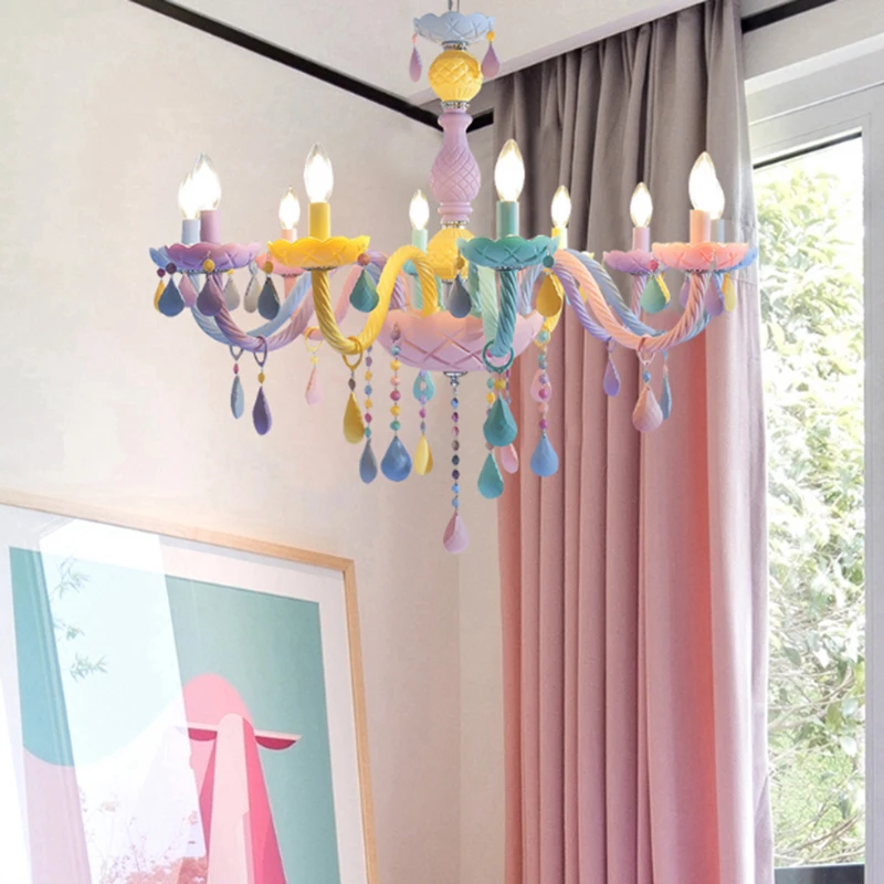 Personality colorful glass for children's room decoration chandelier macaron color crystal LED E14 lighting hanging chain adjust