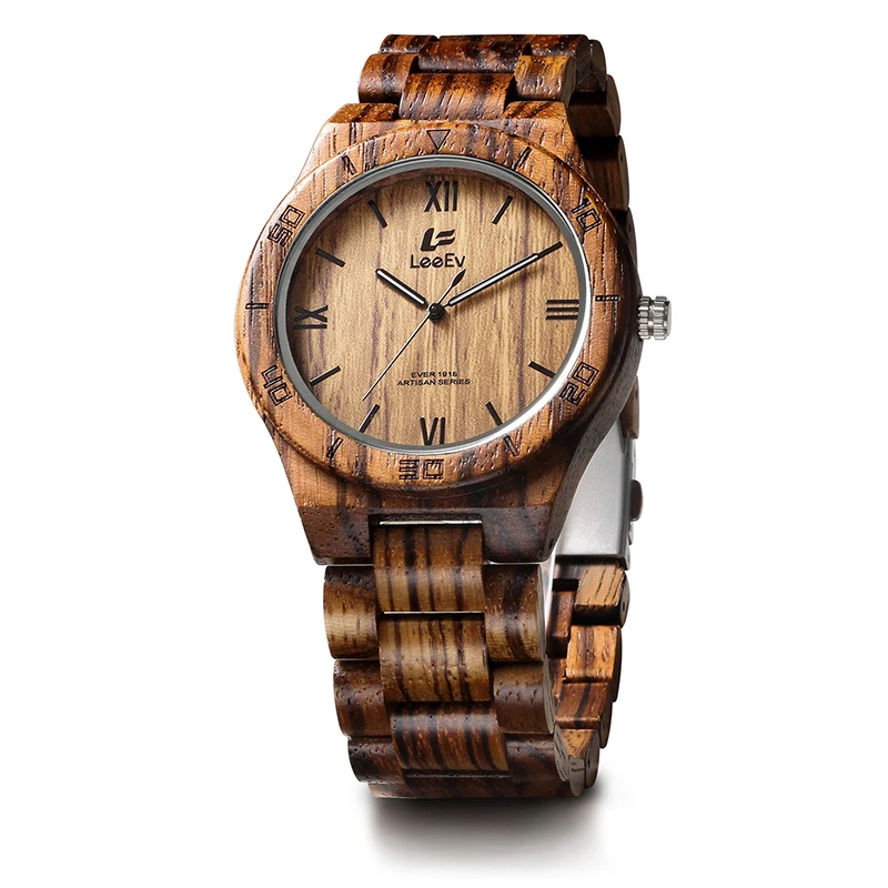 

LeeEv EV1918 Mens Wood Watch for Men HandCrafted Zebra Sandal Wood Vintage Wooden Watches Mens Gifts