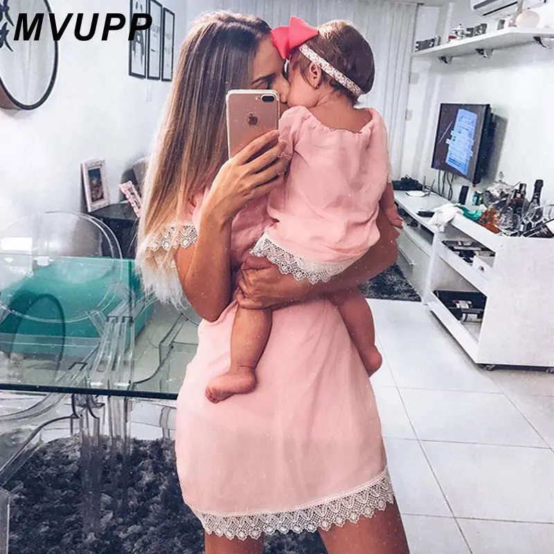 

MVUPP mother daughter dresses Solid Fashion for mommy and me clothes family look mom baby elegant dress matching outfits summer