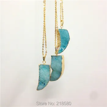 

SN-092 Blue Agates Druzy Horn Charm Necklace Gold Horn Tusk Necklace