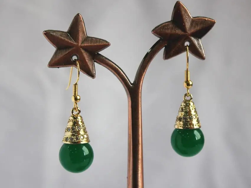 

lady's elegant high quality 18KGP+ 12mm green jade bead hook earring 5.29 -Bride jewelry free shipping