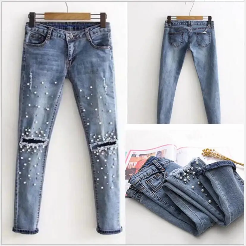 Колено отверстие Рваные джинсы Для женщин стрейч джинсовые узкие брюки Повседневное Slim Fit заклепки жемчуг Джинсы для женщин летние