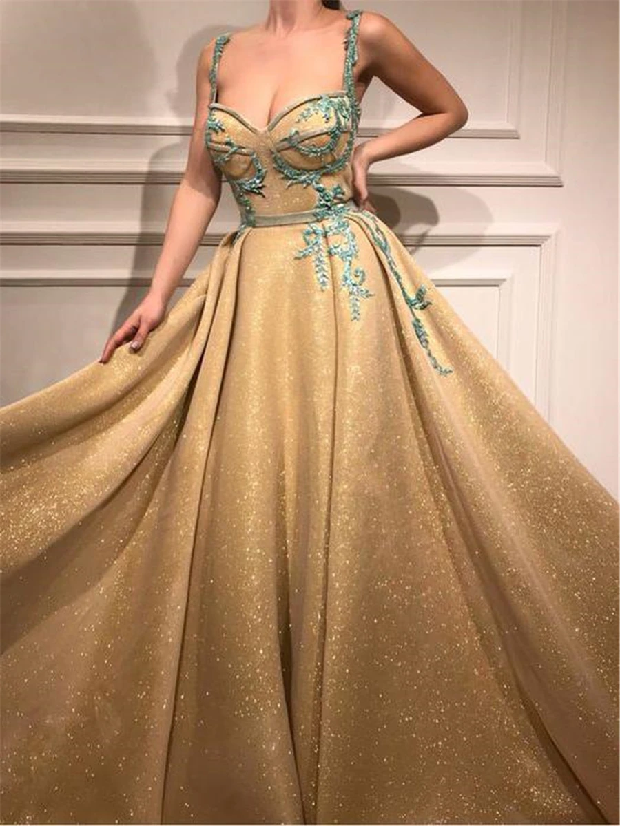 

Beautiful Spaghetti Straps Gold Prom Dress A-line Straps Long Prom Dresses Rhinestone Sparkly Evening Dress