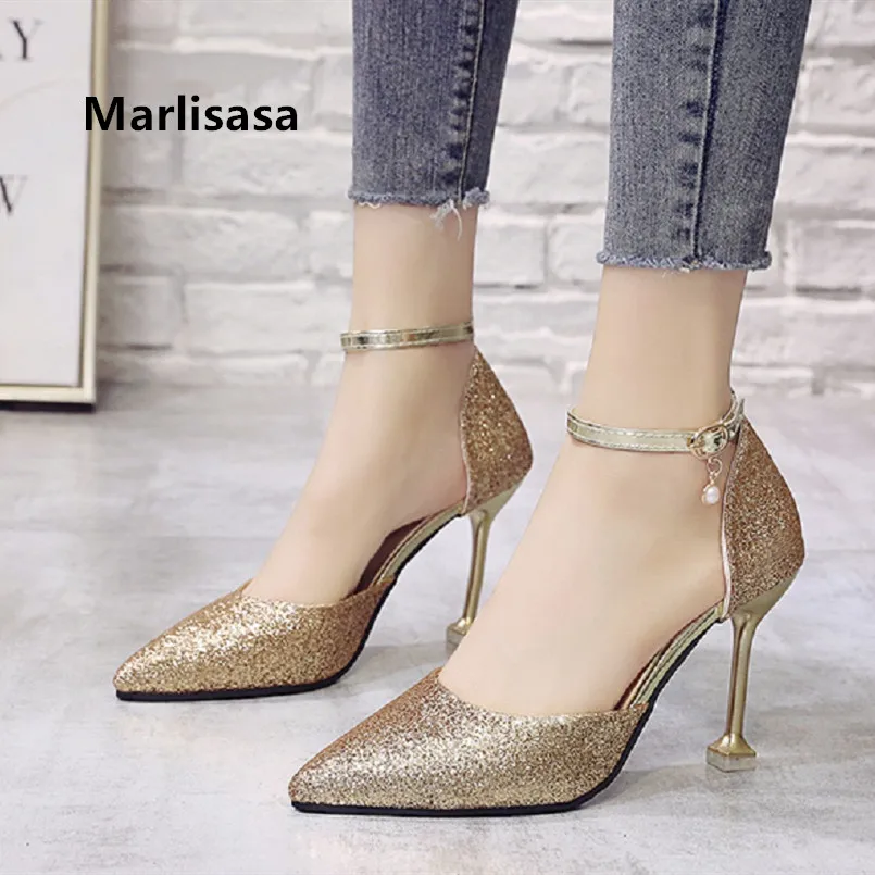 Beste Marlisasa Vrouwen Leuke Puntschoen Gouden Hoge Hak Schoenen Dame Casual Comfortabele Party Schoenen Sexy Bruiloft Zilveren Pompen G5452