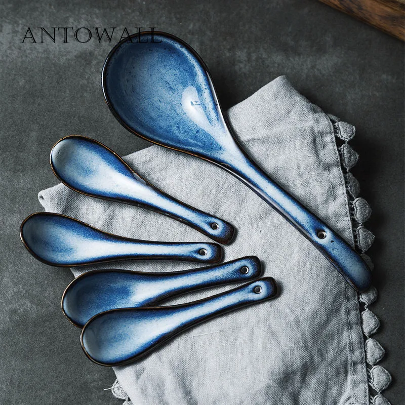 

ANTOWALL Home ceramic tableware Nordic style small spoon good looking big soup spoon retro gradient blue kiln glaze spoon xinghe