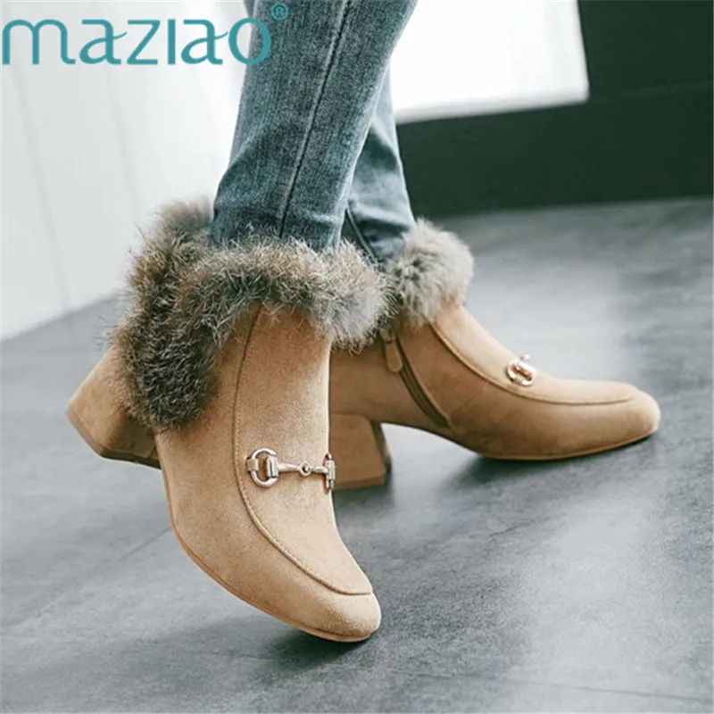 

Vintage Martin Shoes Woman Square Toe Fluffy Shoes Ankle Boots Square Chunky High Heels Warm Short Boots MAZIAO