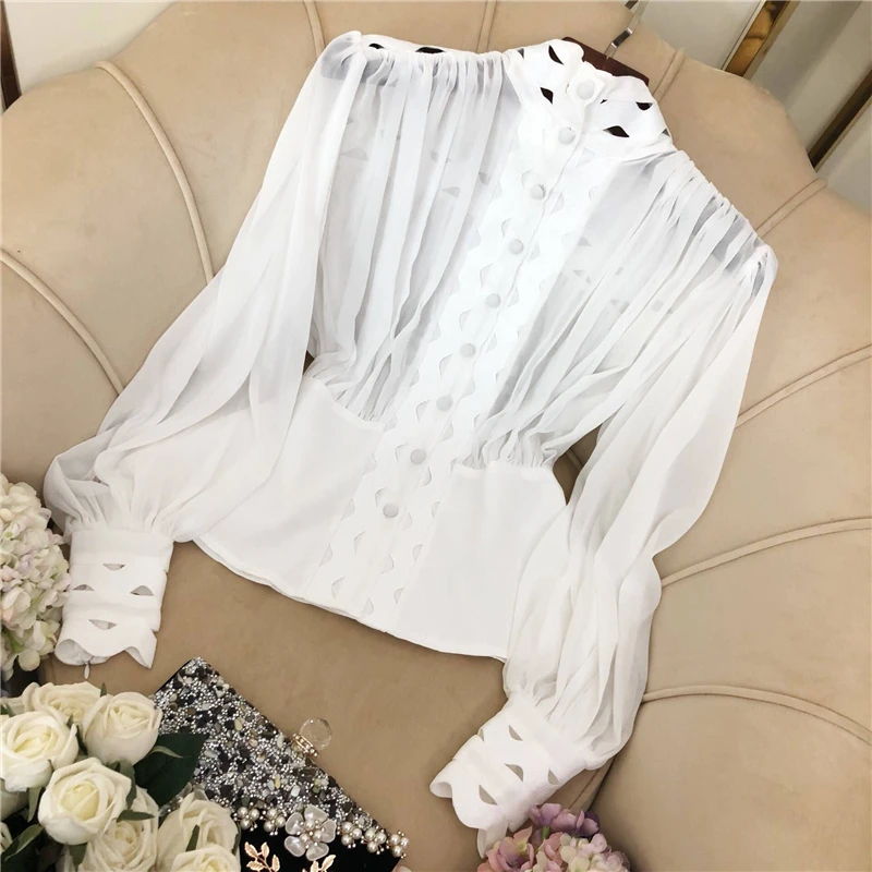

HIGH STREET Fashion 2019 Stylish Designer Blouse Shirt Women's Puff Sleeve Hollow Out Shirt