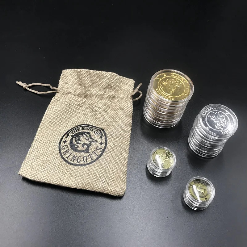 Harri Potter Cosplay Hogwarts Gringotts Bank Coin With Bag Collection Toy Halloween Wizarding World Party Accessories Props Gift