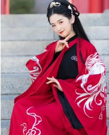 Древняя династия Вэй Цзинь пары Hanfu одежда красный черный свадебное платье большое вечернее платье с рукавами Гуандун Вышивка Феникс - Цвет: WomanRedCoatBlackJac