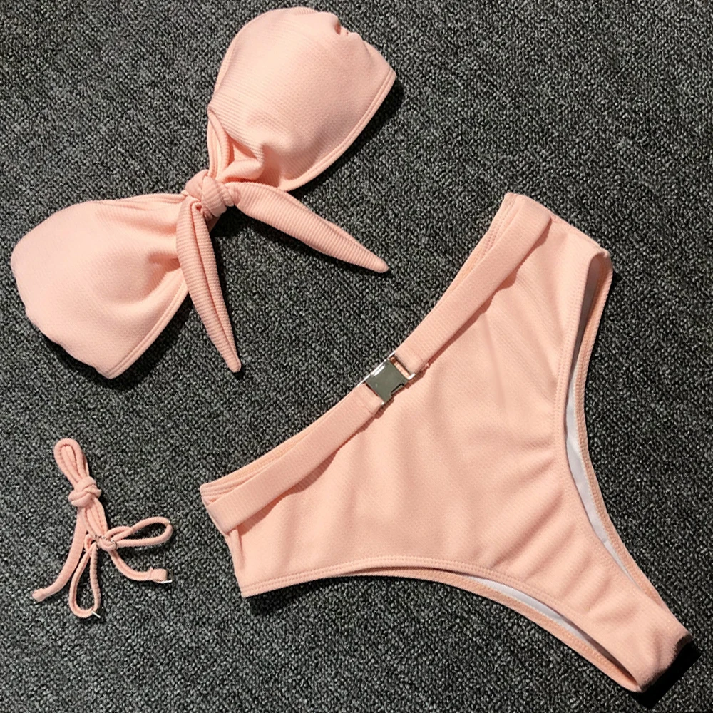 

High Waist Swimwear Women Solid Bikini Set Sexy Bandeau Bikini Halter Bandage Bathing Suit Tie Front Swimming Suit Beachwear