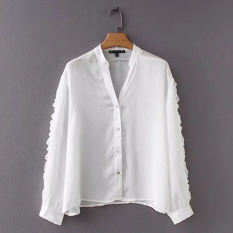 

New Women vintage v neck solid color casual slim shirt office lady agaric ruffles sleeve autumn Blouses Feminine Tops LS2549