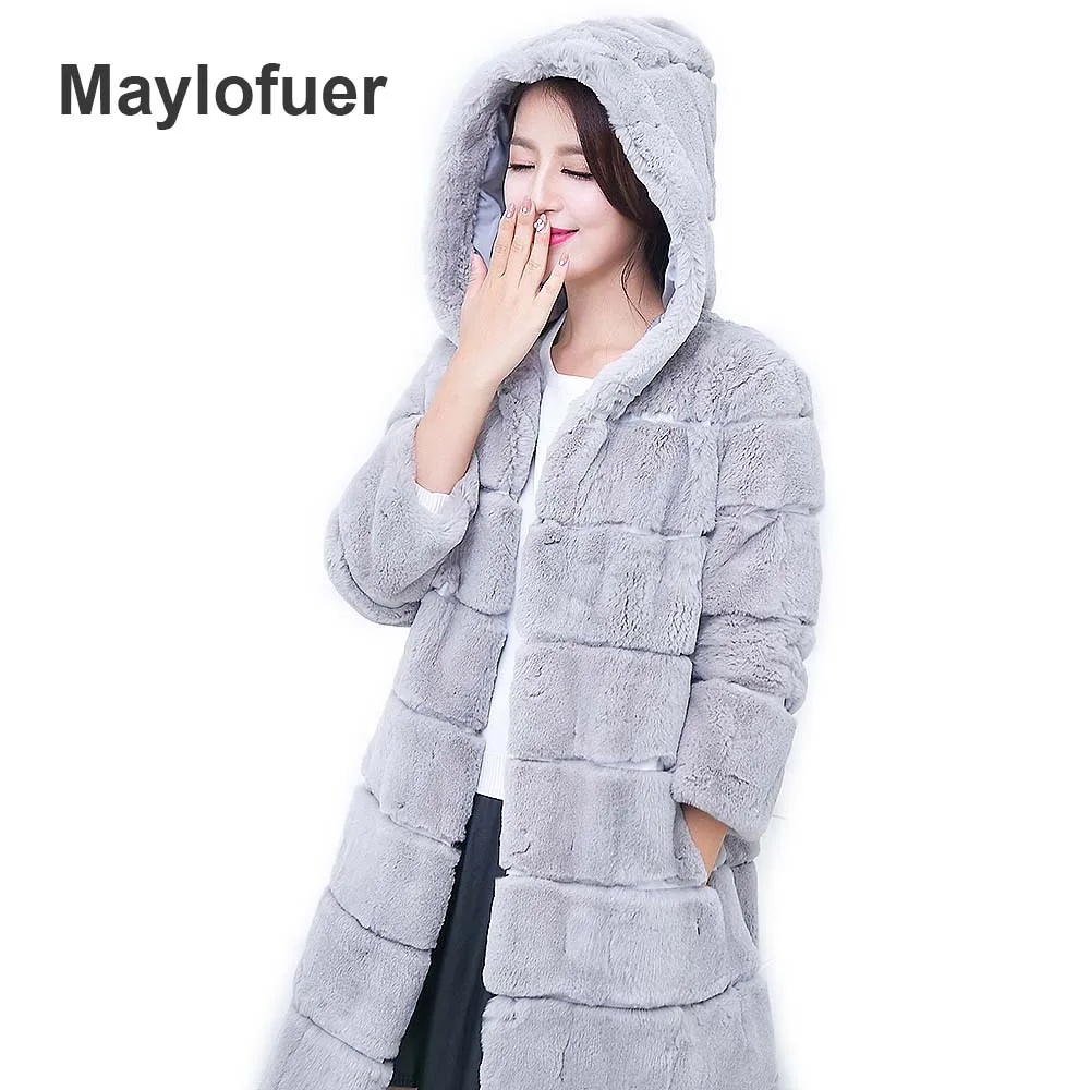 Maylofuer с капюшоном Для женщин натуральным мехом пальто натурального кролика рекс