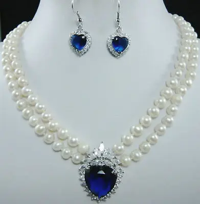 

Wholesale free shipping >>Genuine white pearl necklace & blue earring