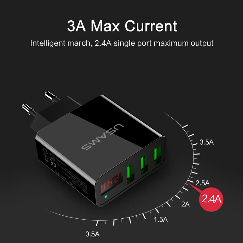 USAMS 3 USB зарядное устройство для телефона, зарядное устройство для мобильного телефона, светодиодный дисплей, макс. 3А, Европейское настенное зарядное устройство для iPhone, samsung, Xiaomi, зарядное устройство, USB адаптеры