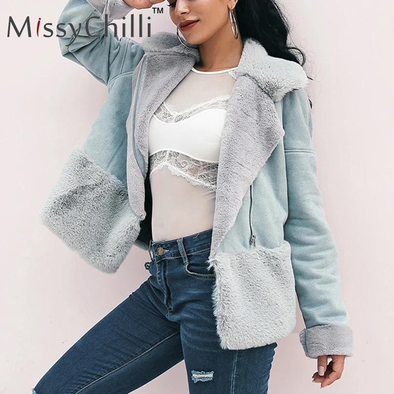 MissyChilli Faux fur patchwork leather suede coat Women autumn casual chic winter zipper coat female fluffy teddy coat outwear