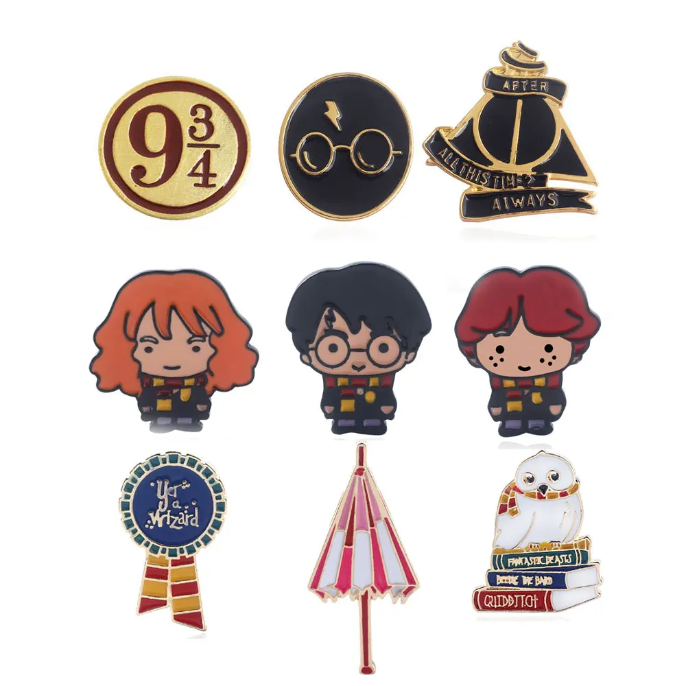 

3 Styles Movie HP Badge Pins Brooch Deathly Hallows After All This Time Always 934 Logo Lord Voldemor Enamel Brooches Jewelry