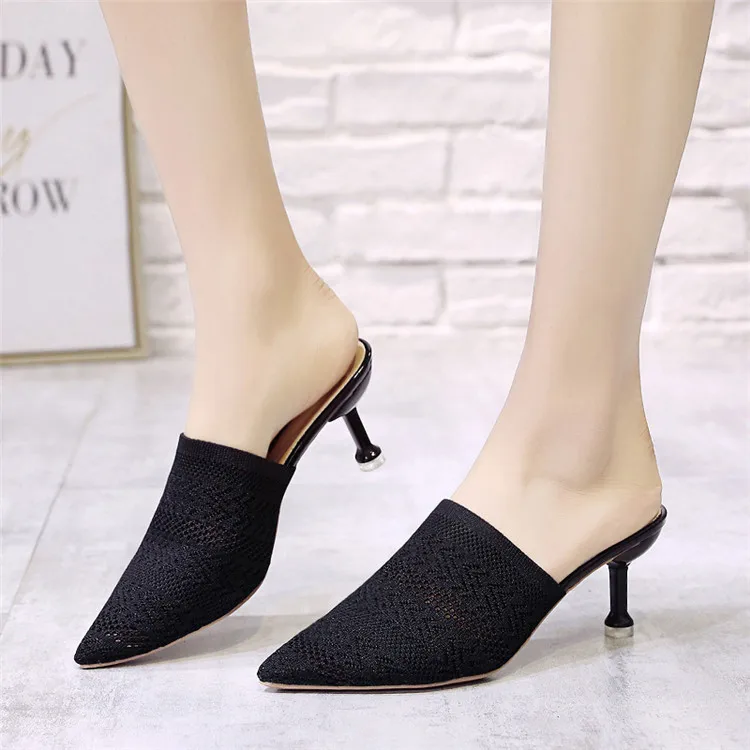 Summer Pointed Toe Women Sandals High Heels Yellow Fashion Slip On Mules Hollow Fabric Slides Thin Heels Slipper Sandalias Mujer