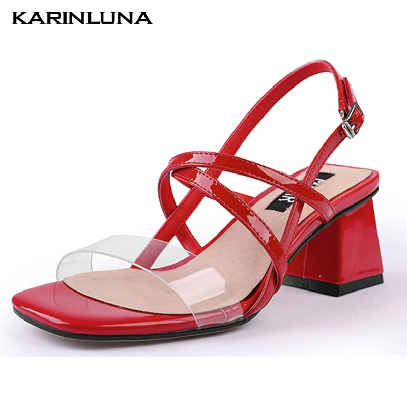 

KARINLUNA 2019 Large Size 33-43 Cross Strap Genuine Leather Summer Women Shoes Fashion Party Sandals Square Heels Shoes Woman