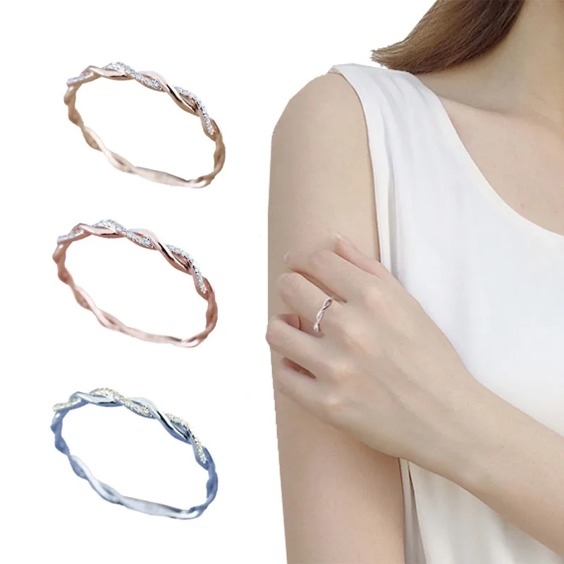 

1PC New Wave Rings Trendy Silver Rose Gold Color Classical Twist Rope Cubic Zirconia Finger Ring For Women Wedding Bands Gift