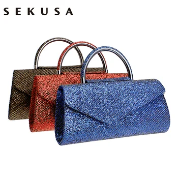 

SEKUSA Fashion Women Clutches With Handle Sequined Evening Bags Gold/Red/Blue Mixed Wedding Party Evening Bags Cover Open Style
