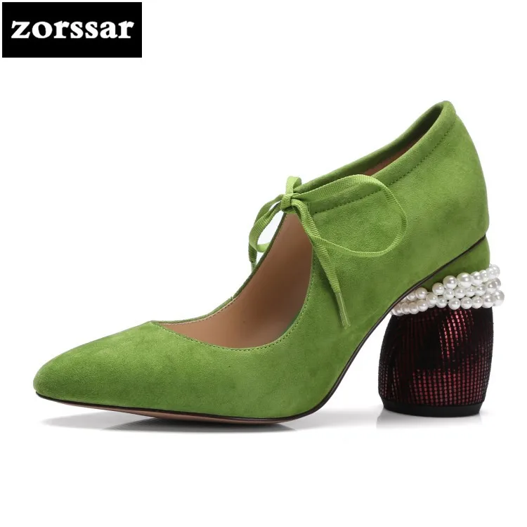 

{Zorssar} 2018 NEW fashion pearl suede womens shoes heels Slip-on Pointed toe Shallow High heels pumps women dress shoes