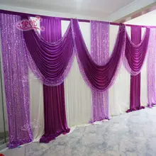 New Ice Silk White Wedding Backdrop with Purple Sequins Swag Custom Color Luxury Wedding Background for Wedding Party Decor