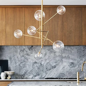 

American Pastoral Restaurant Retro Wrought Iron Glass Ball LED Hanging Pendant Lighting Gold 6/8 Heads Living Room Bedroom Lamp