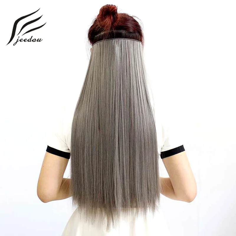 

jeedou Clip in One Piece Hair Extension Straight 60cm Synthetic Natural Black Gray Ombre Color Cosplay Elderly Hairpieces