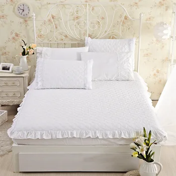 

3 Piece White Quilted Ruffles Bed Sheets Set 1Cotton Fitted Sheet 2 Lace Pillow Cases Hotel Quality Luxurious Extremely Durable