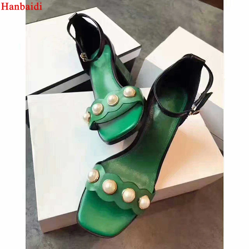 

Hanbaidi Runway Chunky Heels Peep Toe Buckle Strap Women Summer Sandals Fashion Pearl Peep Toe High Heels Gladiator Shoes Women