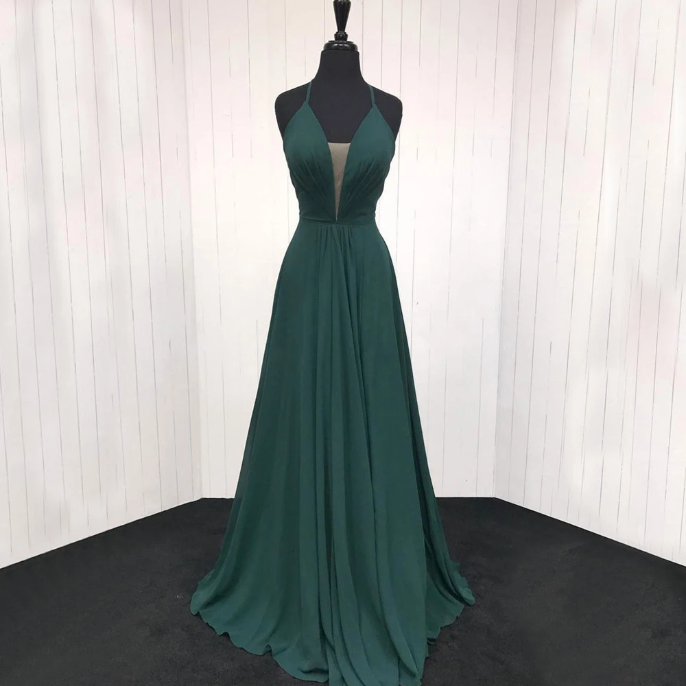 

Elegant Dark Green Chiffon Evening Dress Halter Backless A Line Simple Long Prom Gown 2019 Cheap Women Wedding Party Dresses