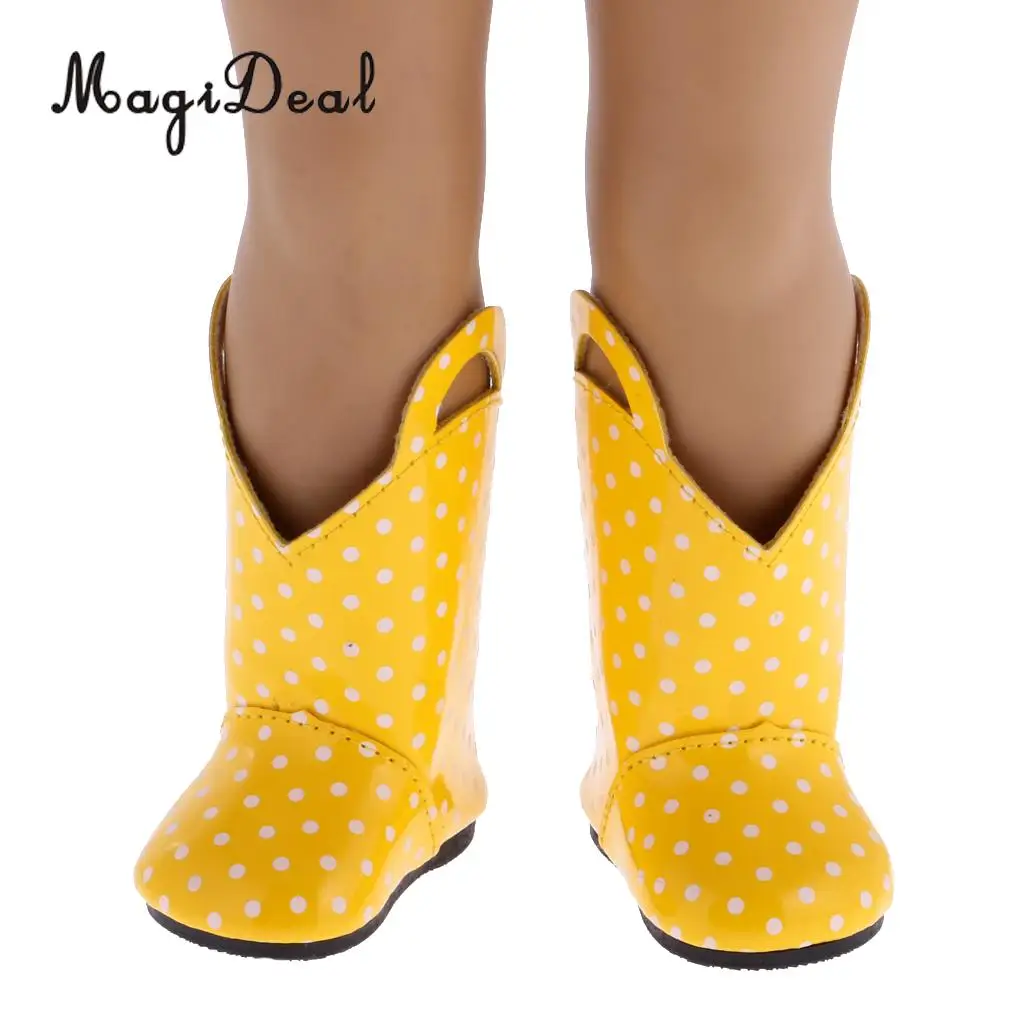 MagiDeal 1 Pair PU Leather Yellow Dots Zipper Back Boots Shoes for 18 Inch   Dolls Baby Outdoor Rain Wear Accs