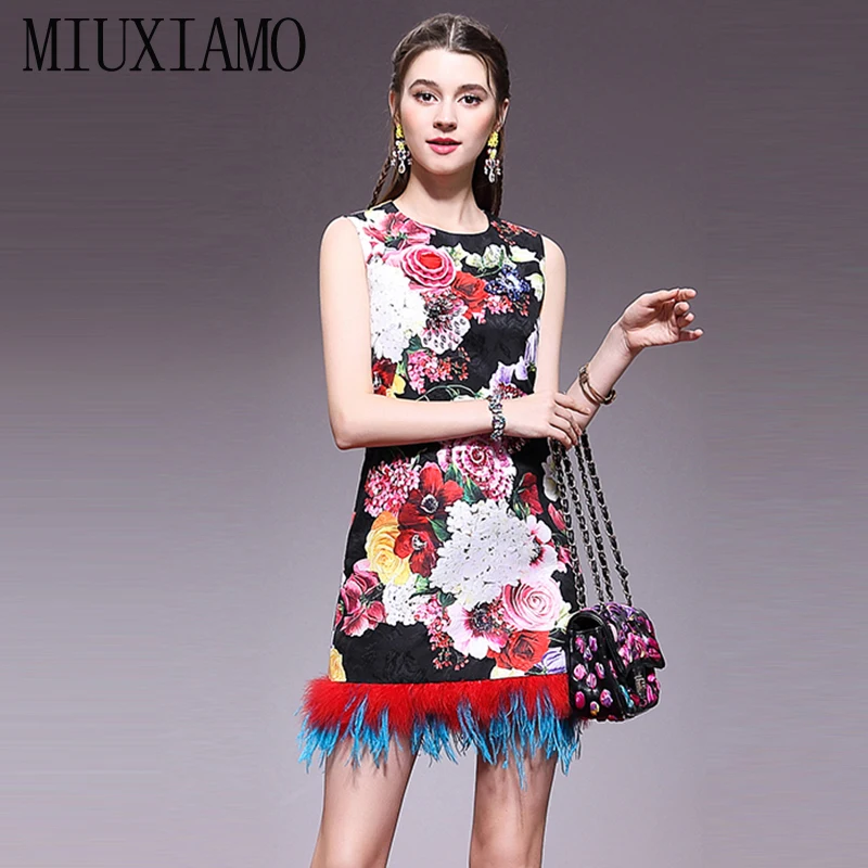 

MIUXIMAO High Quality 2019 Spring&Summer Dress Floral Print Appliques Diamonds Feather Eleghant Casual Long Dress Women Vestido