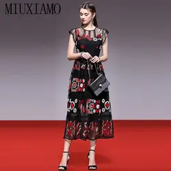 MIUXIMAO высокое качество 2019 Весна и лето Роскошный кружево платье вышитое-цветы повседневное Eleghant Повседневное платье для женщин Vestido