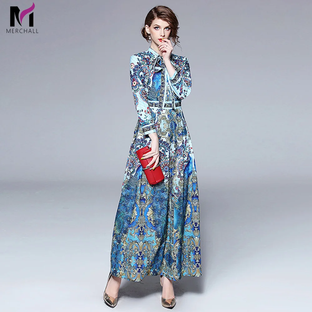 

Merchall New Designer Runway Dress Lady Autumn High Quality Floral Print Bow Collar Long Sleeve Slim Floor Length Maxi dresses