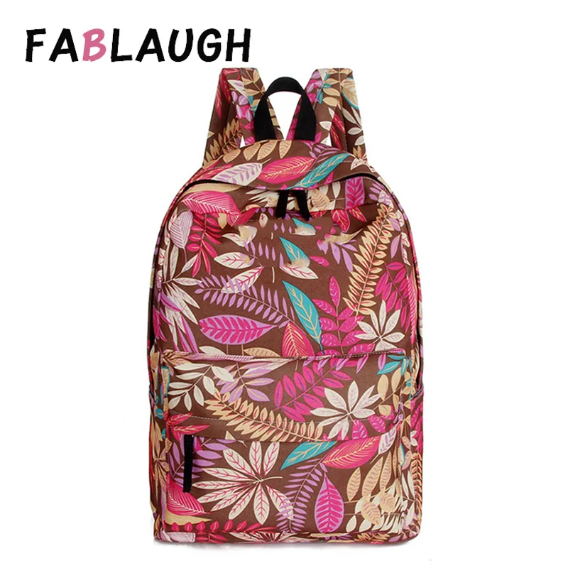 

FABLAUGH Fashion Canvas Leaves Printing Backpacks Schoolbag College Student Lady Daily Knapsack School Bag For Girls Zipper Bag